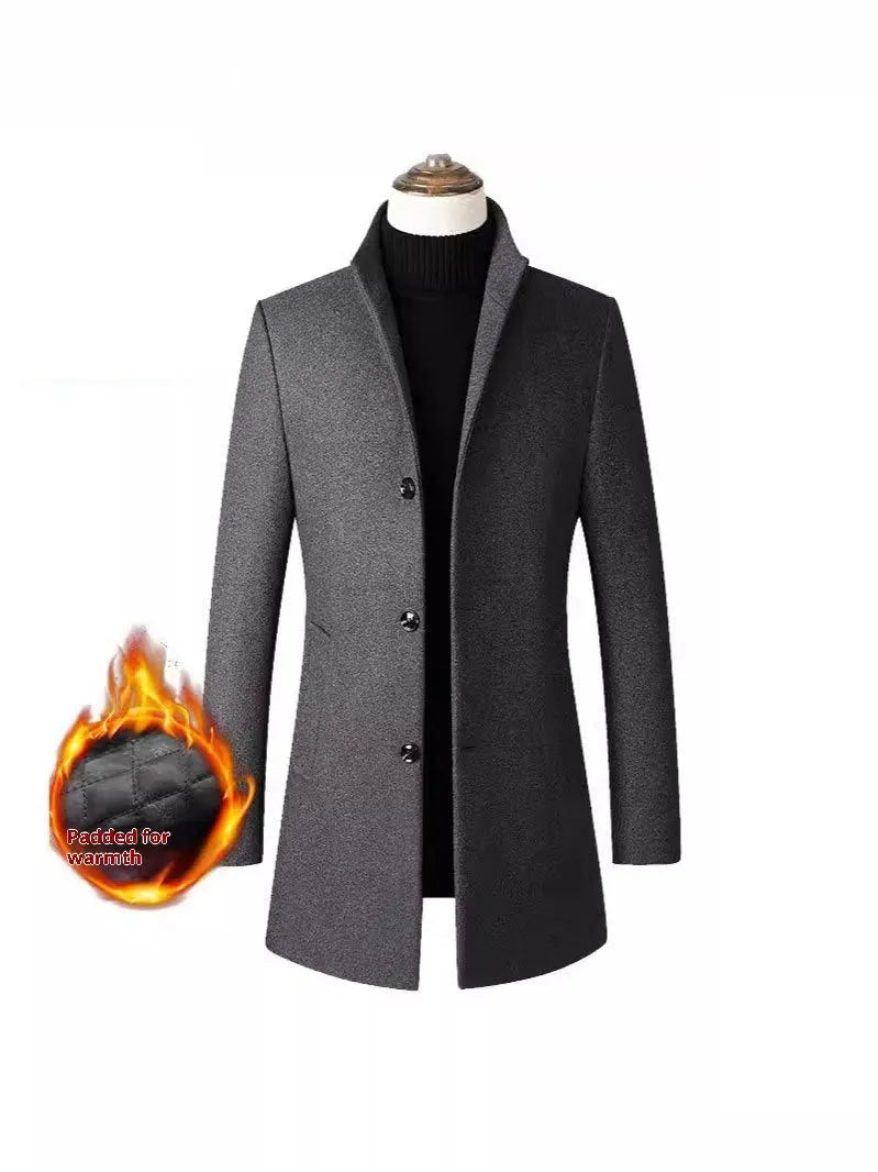 Men's single-breasted stand collar cotton padded wool blend winter trench coat in grey