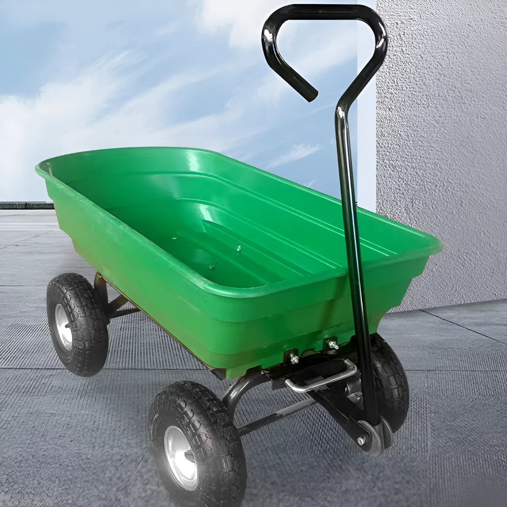 Green four-wheel plastic dump truck with a tipping bed, model TC2145.