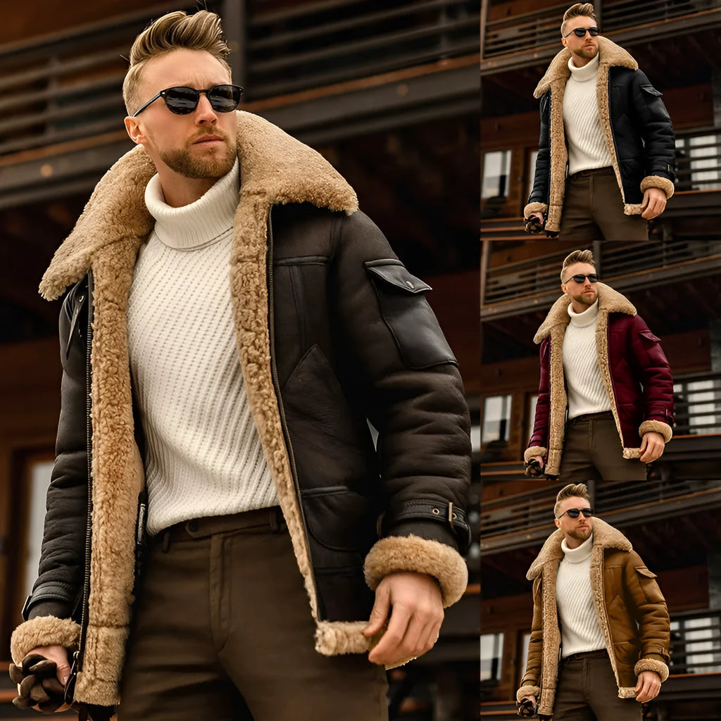Mens military fleece winter jacket with fur collar and multiple pockets, black colour, straight cut medium length