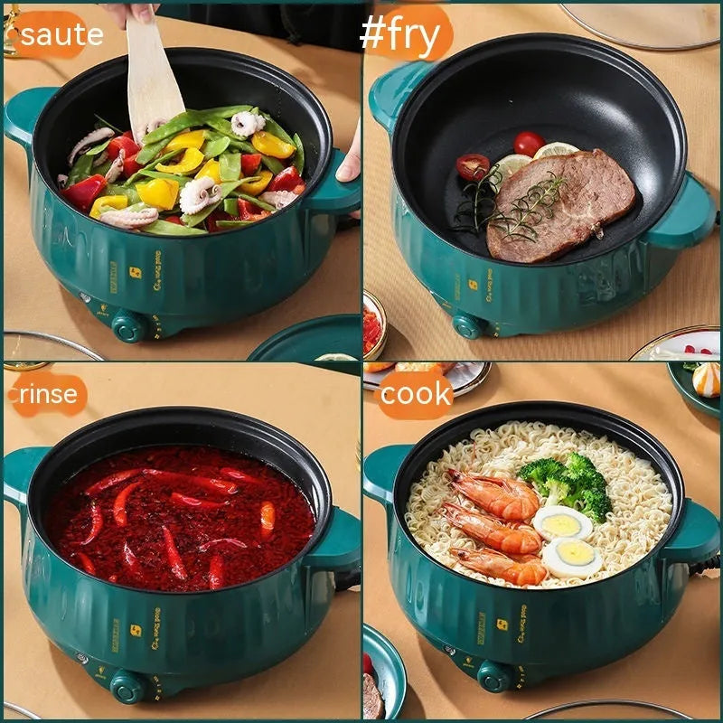 Stainless steel electric hot pot with non-stick interior in white or green finish with anti dry-burn protection