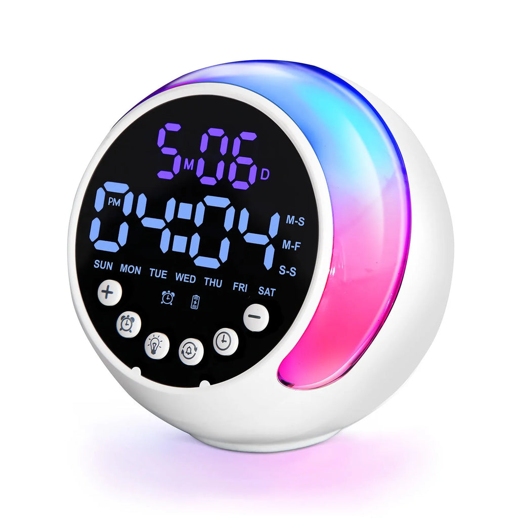 Multifunctional children's alarm clock in milky white ABS with RGB night light and wake-up light