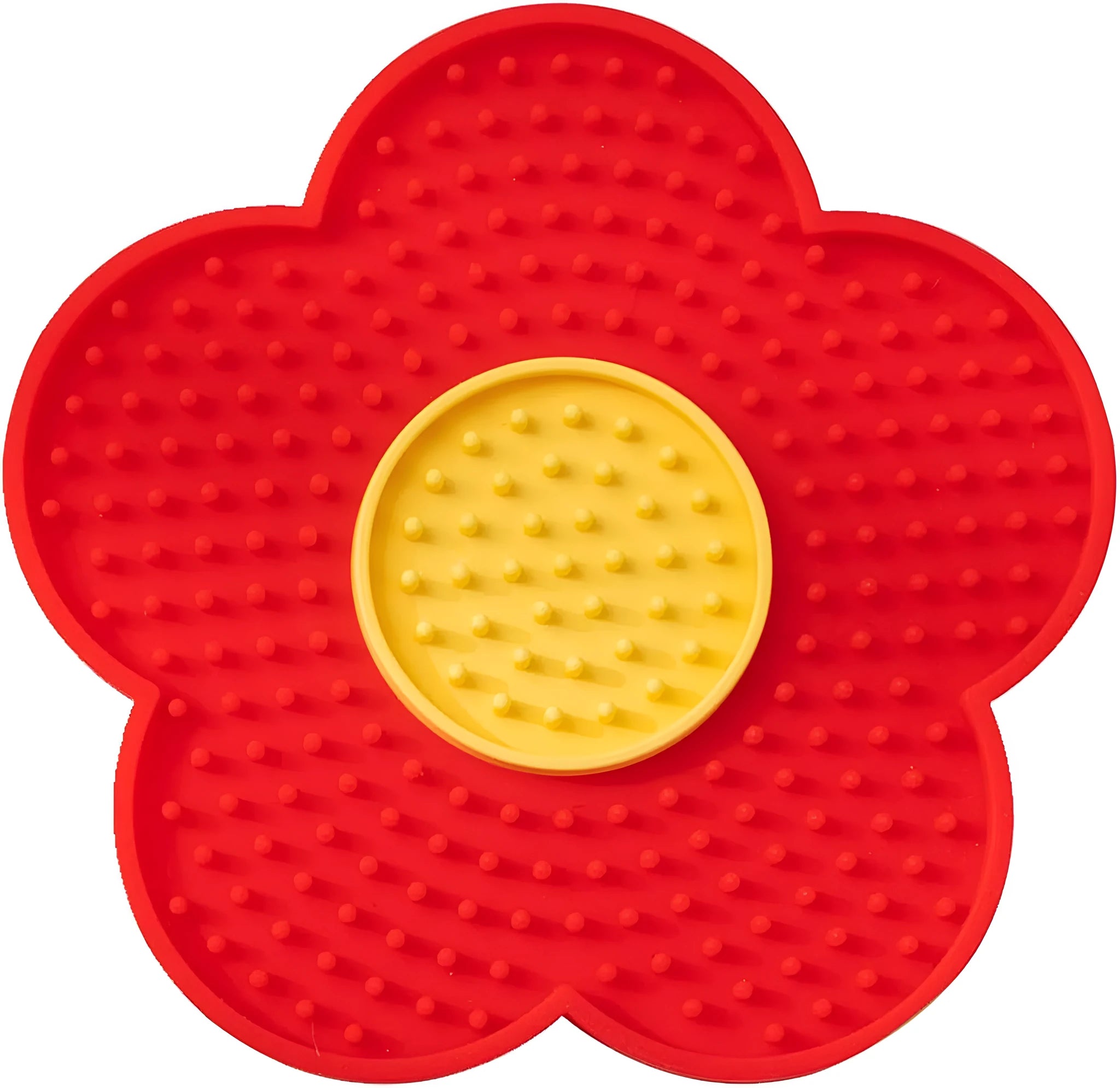 Flower-shaped silicone lick mat for dogs and cats with suction cups on a blue background.