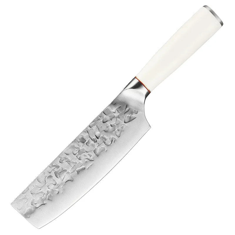 Hand-forged stainless steel kitchen knife set with 7 blades on a wooden cutting board