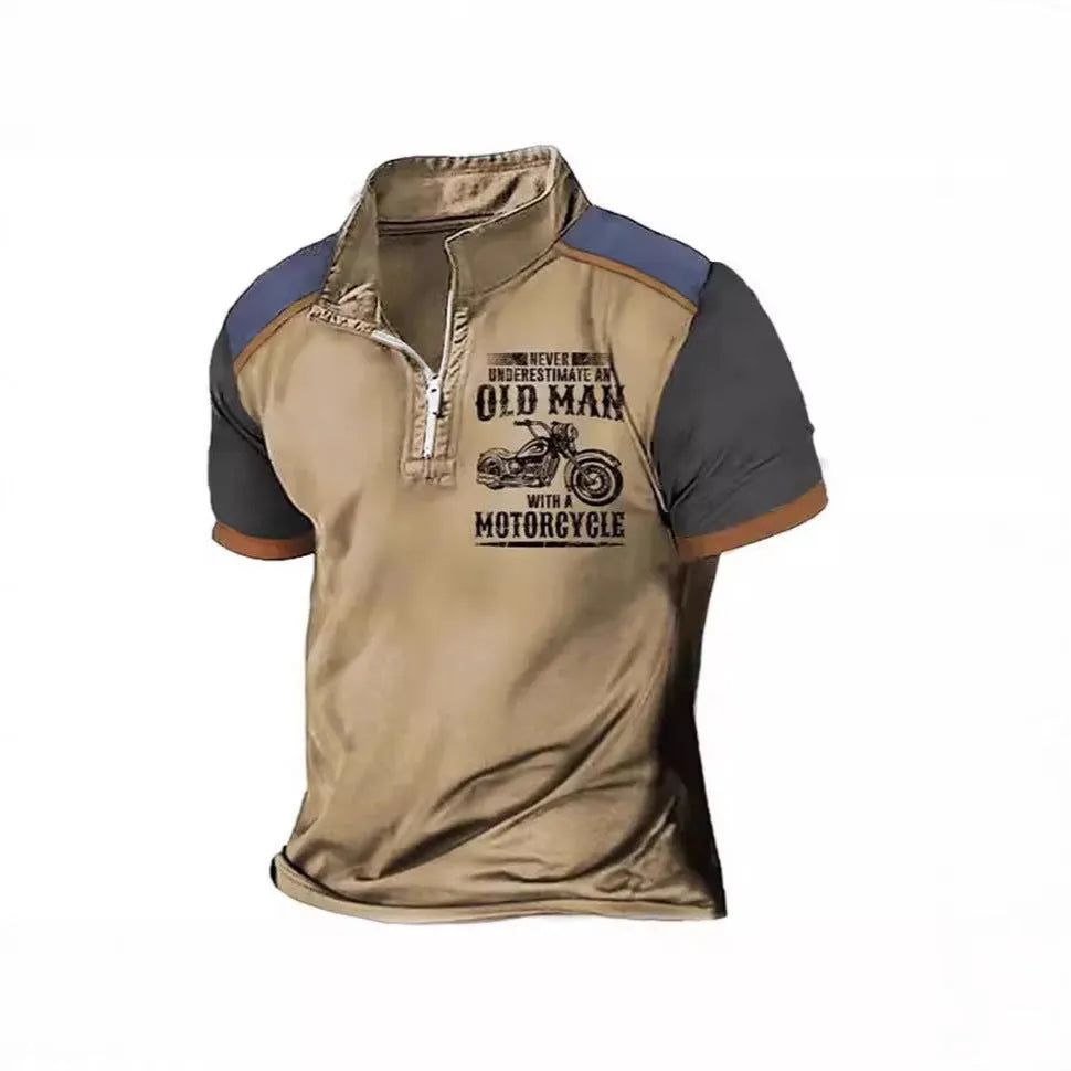 A man's short-sleeve polo shirt with a lapel collar, decorative zipper, and a digital letter print pattern.