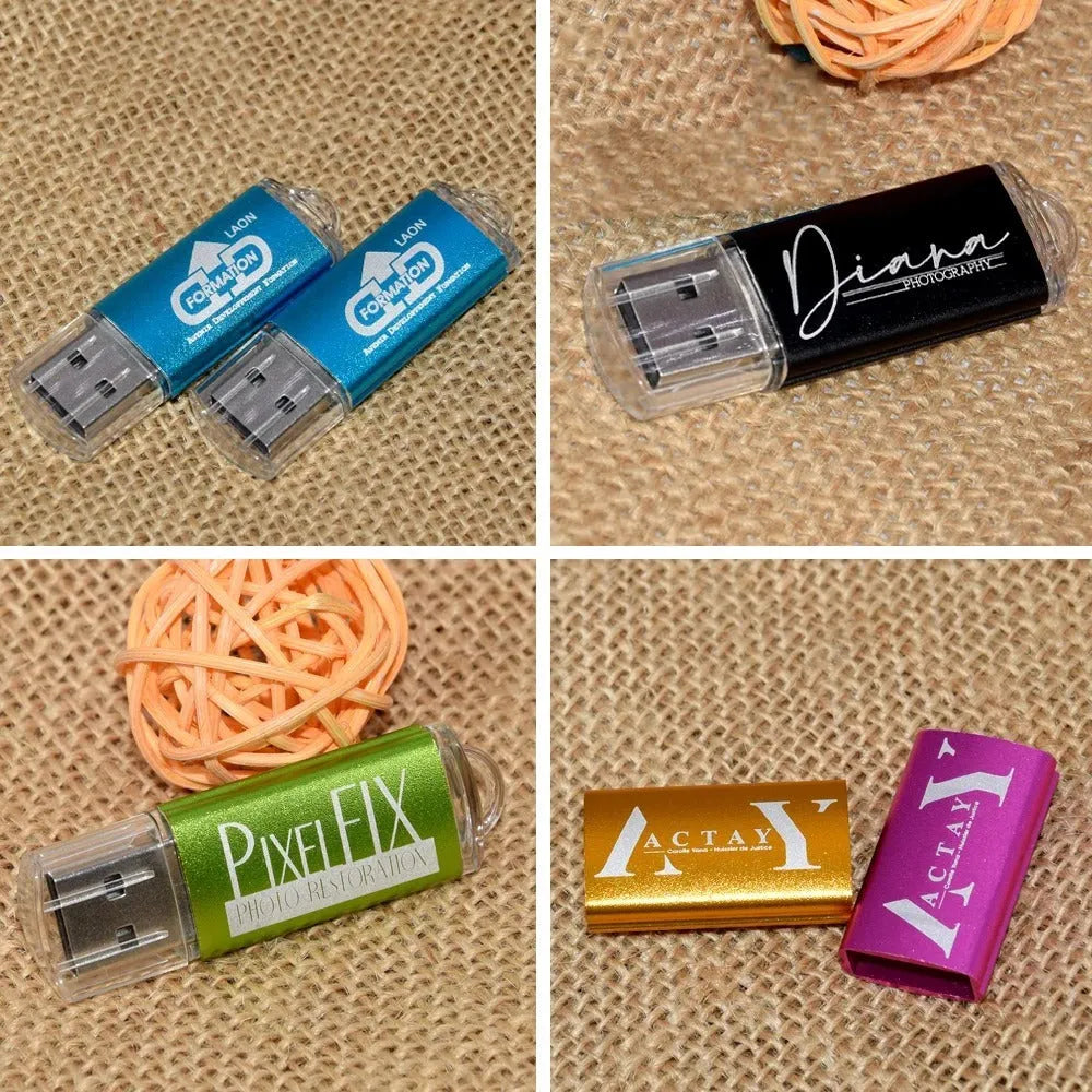 Metal USB flash drive 60x18x8mm USB 2.0 in black, white, sky blue, red, light green, gold, or dark pink