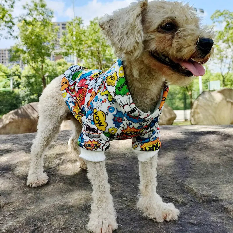Acrylic pet hoodie with graffiti print and letter design in blue colour for dogs