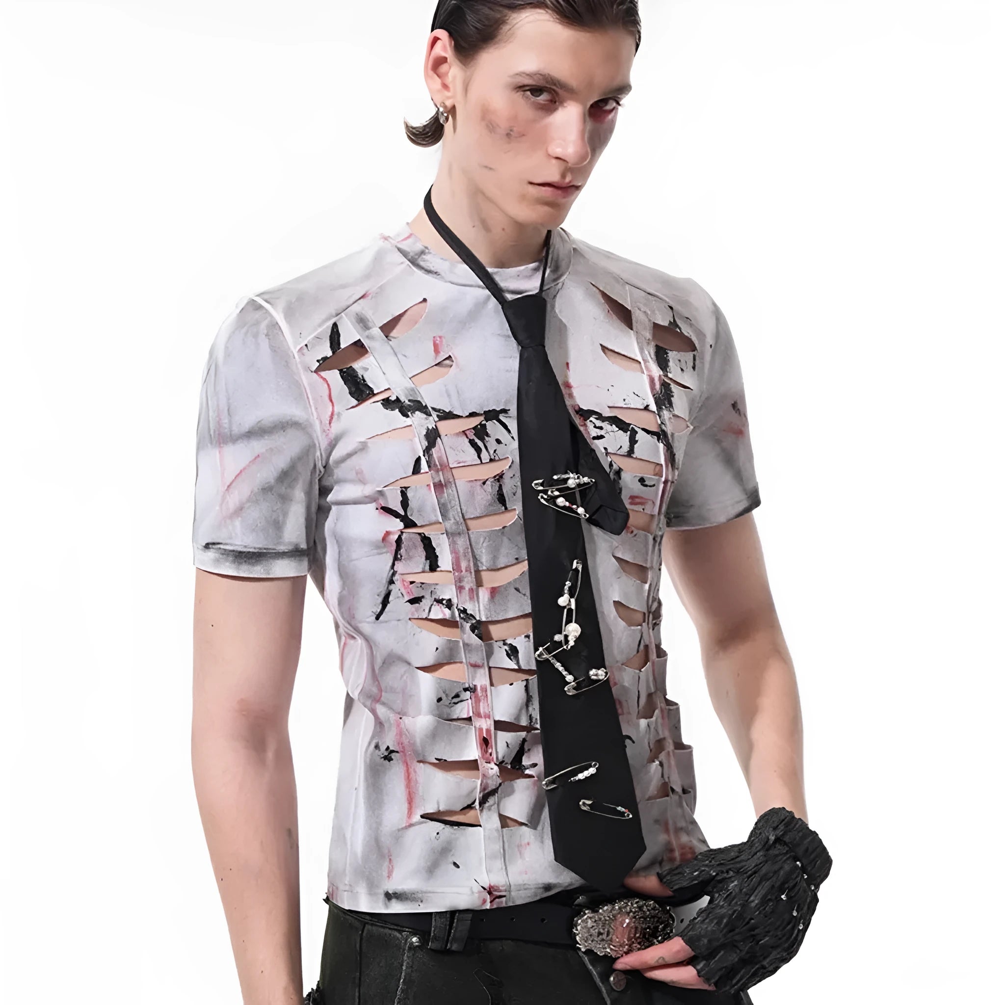 Men's white cotton t-shirt with hollow-out cut design detail on front