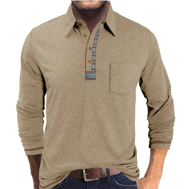 Men's button-down collar long sleeve polo shirt in apricot colour, regular fit, rayon fabric