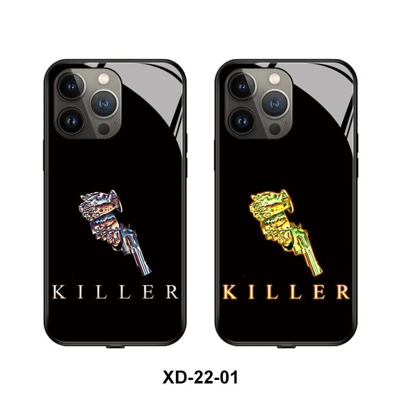 Luminous protective iPhone case with TPU and tempered glass construction showing Technology Bear design