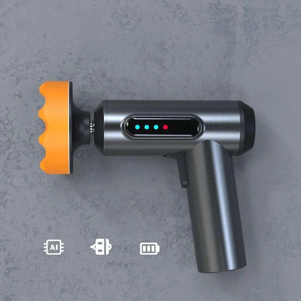 A small white wireless waxing and polishing machine with a black handle and a round grey polishing disc attached.