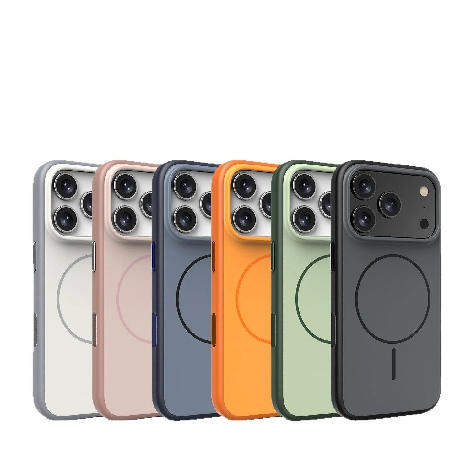 Blue frosted magnetic iPhone case showing a side button labelled 'AI' for camera controls.