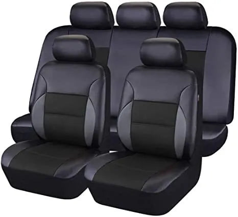 Black synthetic leather car seat cover installed on a front car seat, showing stitched design.