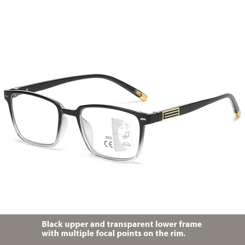 Multifocal blue light reading glasses with photochromic lenses in a black and silver frame style.