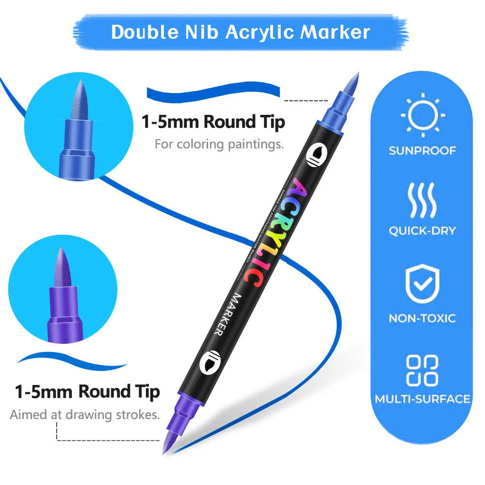 Set of double-headed acrylic marker pens with washable quick-drying ink in various colours