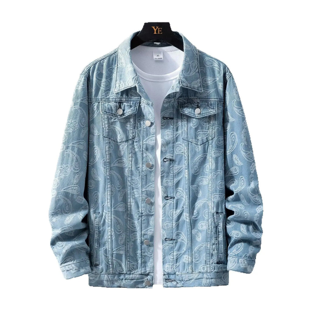 A slim fit men's denim coat in street fashion style, shown in a light blue colour with patch pockets.