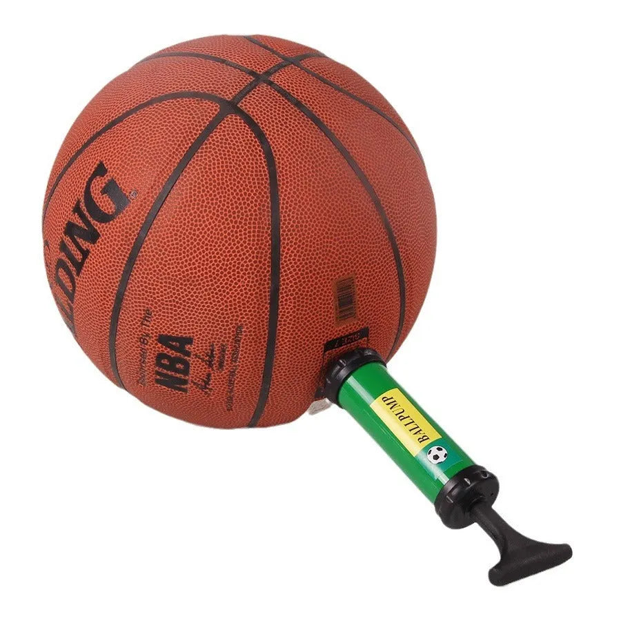 Manual plastic hand pump for inflating basketballs, volleyballs, and footballs in mixed colours.