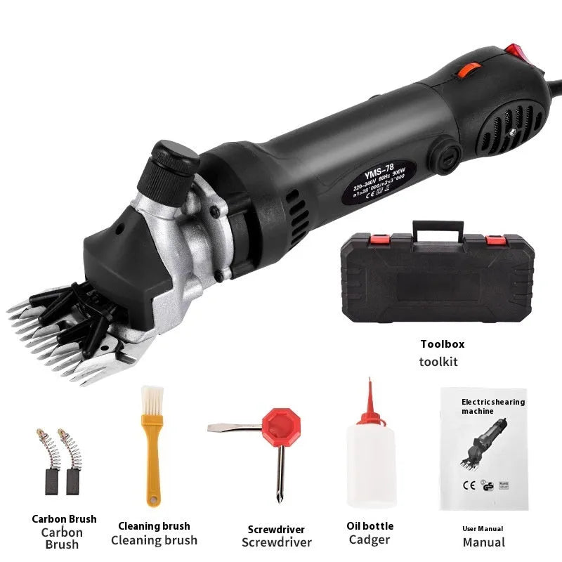 Yellow electric wool shearing clipper with 110V plug, multiple cutting blades, and maintenance accessories in plastic box