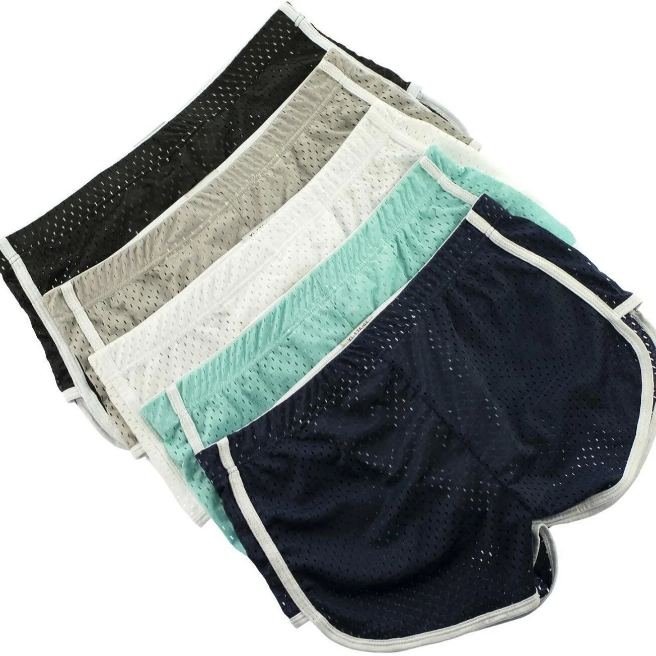 Men's grey three-point boxer shorts with a mid-rise waistband laid flat on a table.