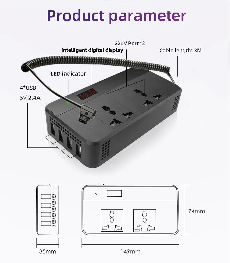 Automotive power inverter with PC fireproof casing, 149x74x35mm, dual USB ports