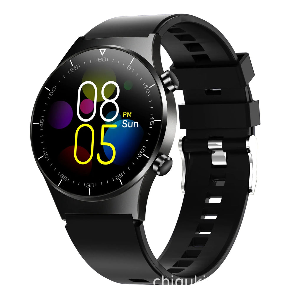 Black smart watch with 1.28 inch screen displaying heart rate and activity metrics on wrist