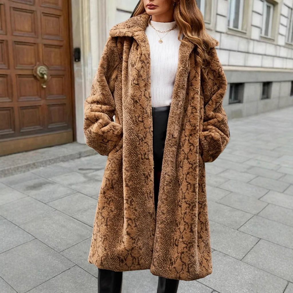 Women's brown leopard print artificial fur over-the-knee coat on a hanger.