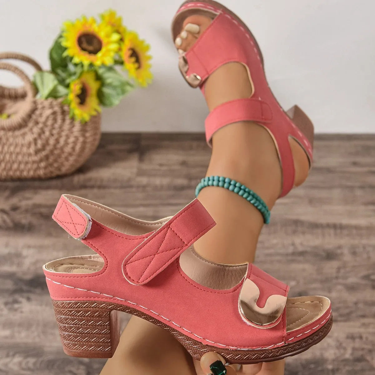 Adjustable Velcro Roman sandal with round toe in light brown colour on a white background.