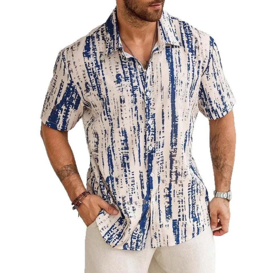 Men's short sleeve striped shirt with 3D printed pattern in lightweight polyester fabric