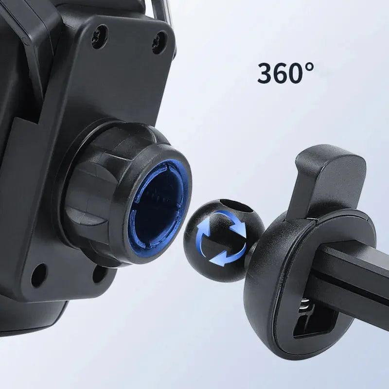Gold car air vent phone holder with racing seat shape mounted on a car vent, showing 360-degree rotation.