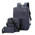 Three square men's backpacks in solid colours showing USB port, multiple compartments, and padded straps.