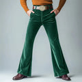 Men's slim flared trousers in gold velvet fabric, shown in multiple colours including black, blue, and dark red.