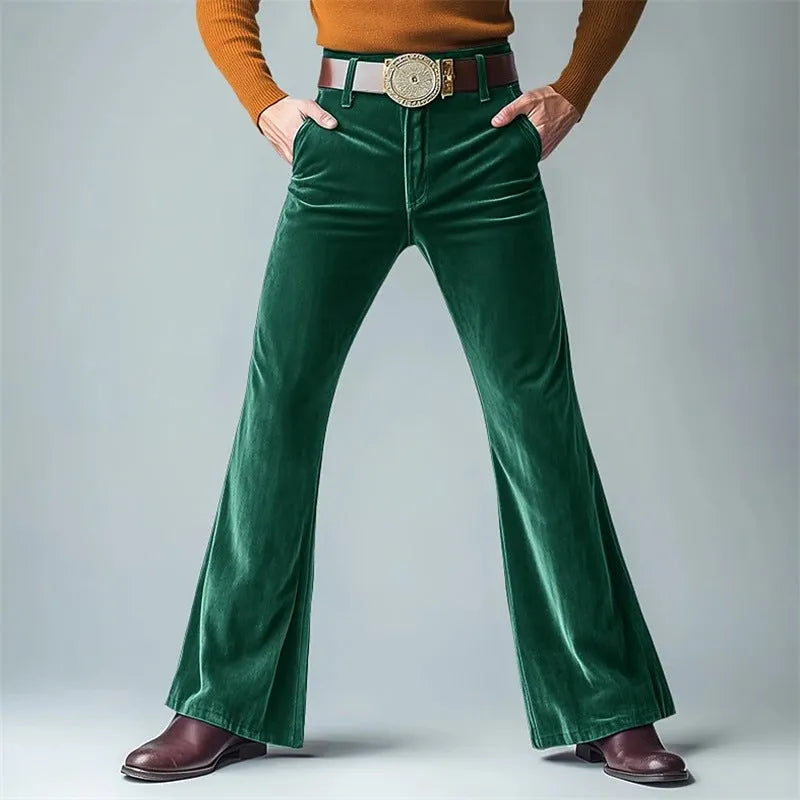 Men's slim flared trousers in gold velvet fabric, shown in multiple colours including black, blue, and dark red.