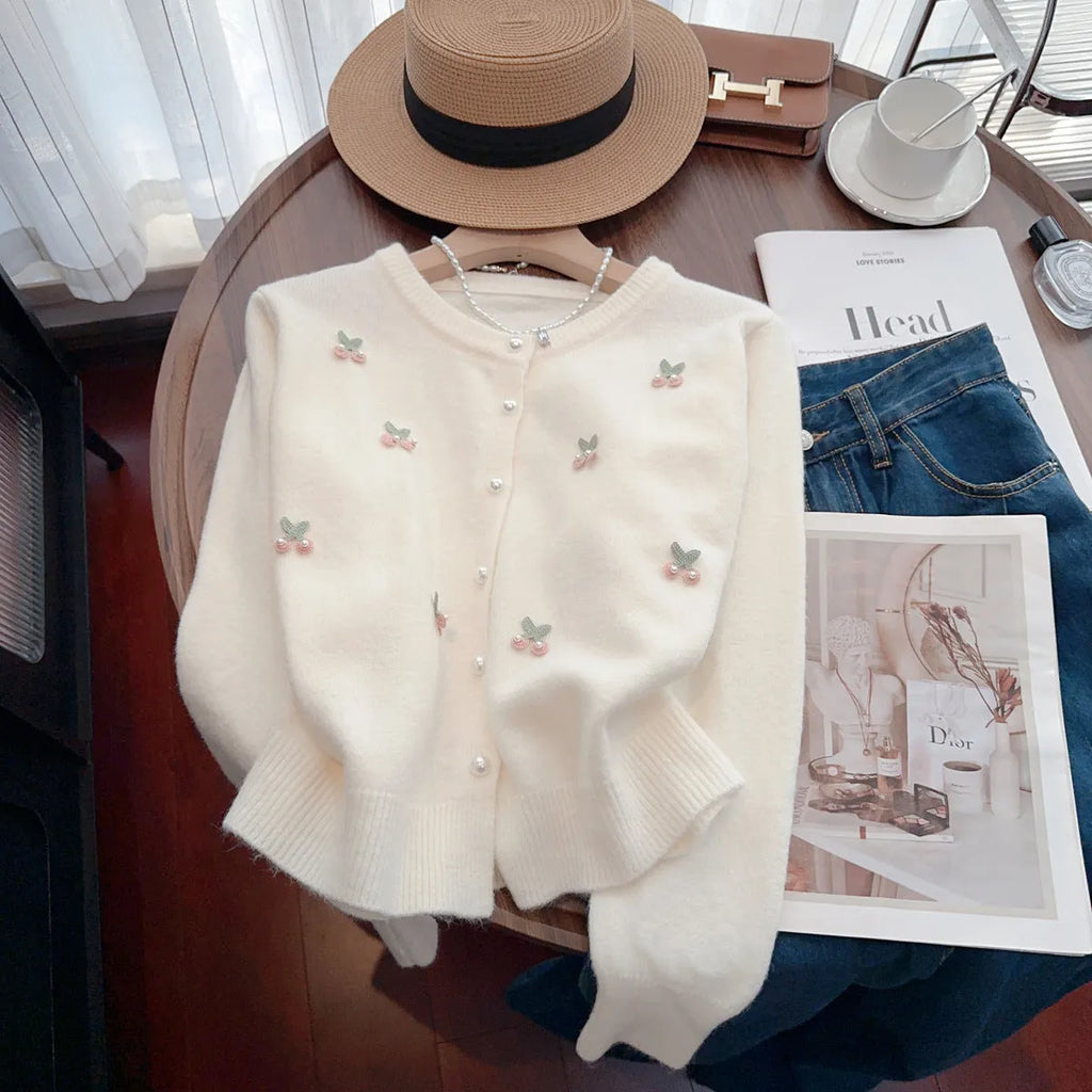Cashmere blend slim fit cardigan coat with beaded details in blue, pink, red, or white.