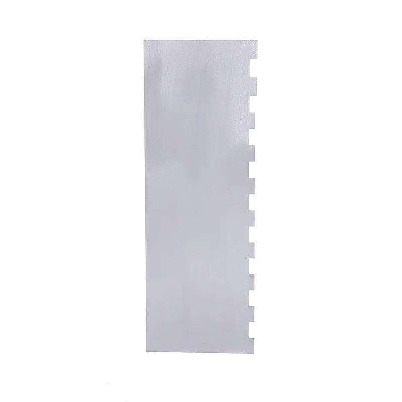 Stainless steel cake decorating scraper with multiple polygon-pattern heads for textured finishes.