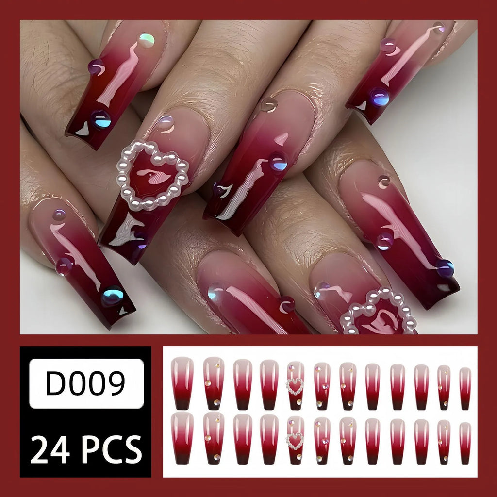 Wine red gradient false nail tips with plaid pattern in long ballet style with jelly glue