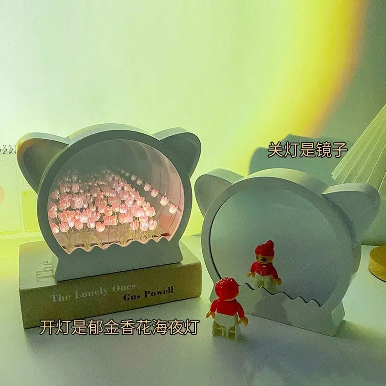 DIY cat head shaped night lamp with handmade tulip flower sea decoration