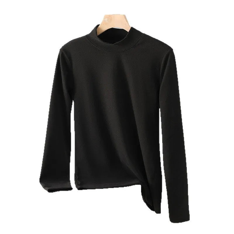 Women's fleece-lined half high-necked long sleeve bottoming shirt in black, polyester fibre