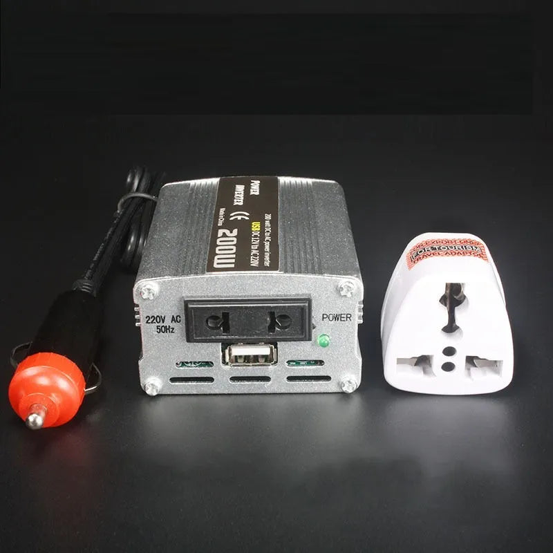 200W car inverter 12V to 110V or 220V, die-cast aluminium, 87x64x38mm, sine wave, USB port