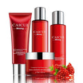 Red pomegranate skincare set with four bottles: face wash, toner, lotion, and facial cream.