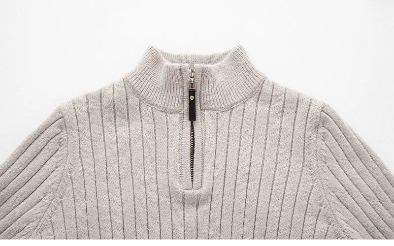 Men's long-sleeved half-turtleneck zip-up sweater in slim fit, polyester blend, shown in dark grey