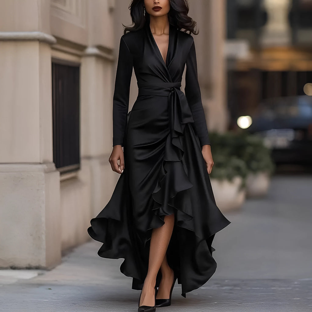 V-neck waist trimming ruffles long dress with high-waist asymmetric skirt in solid colour polyester