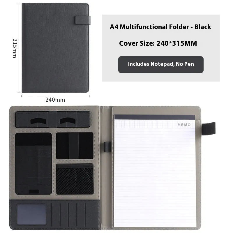 Black leather A4 business folder open, showing interior document space, pen loop, and optional notepad.