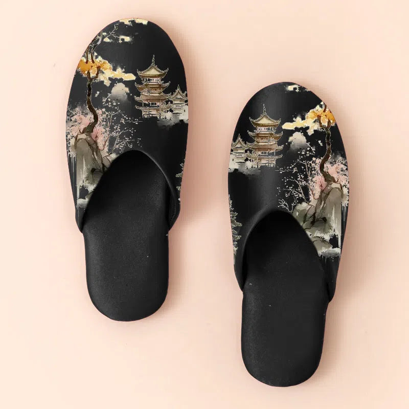 Women's non-slip printed fabric slippers in pink with satin upper and PVC outsole