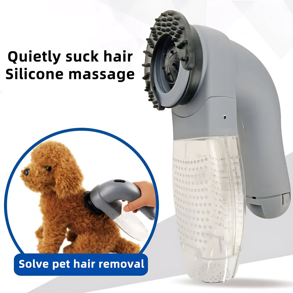 Grey portable pet hair vacuum cleaner with soft rubber head for grooming dogs and cats.