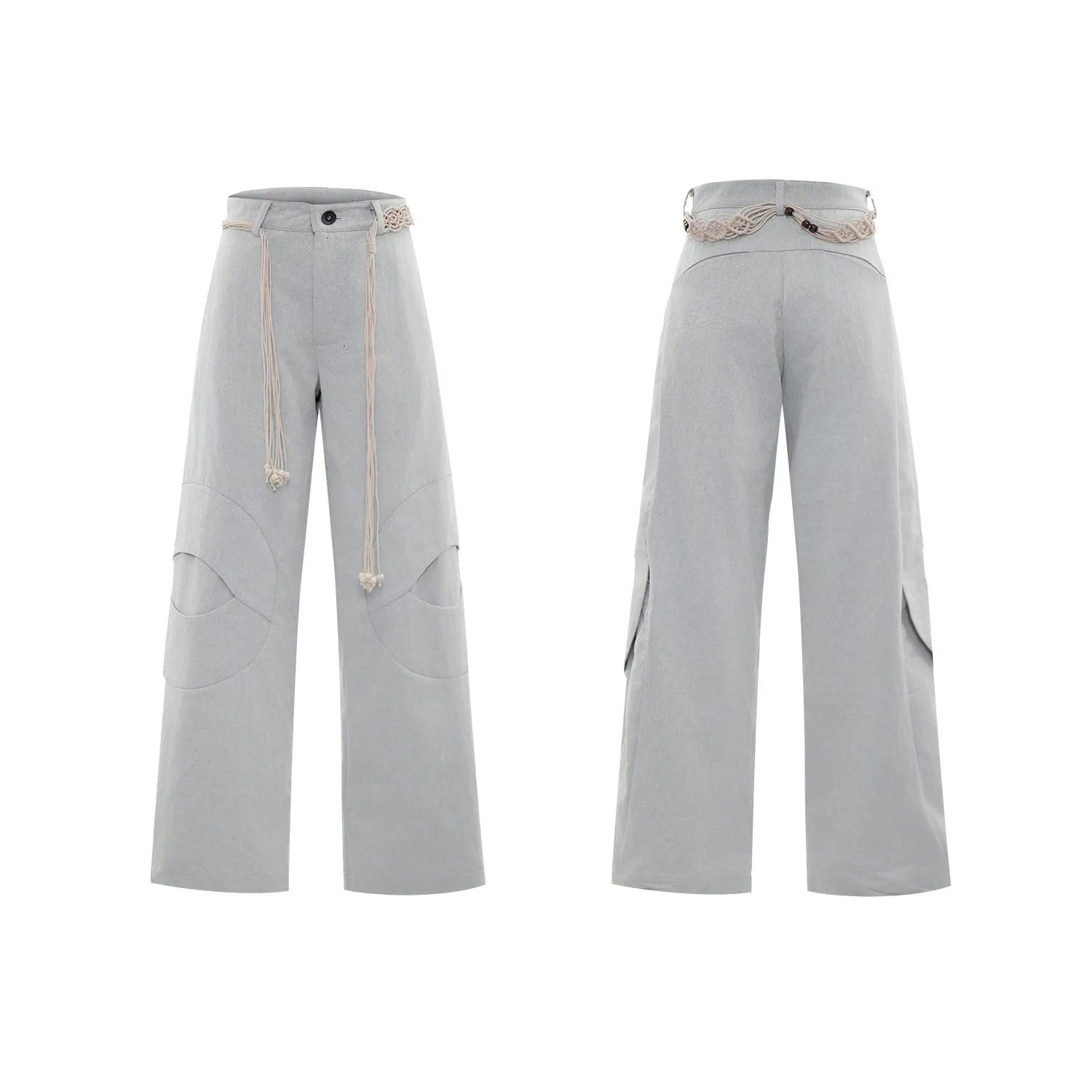 Men's dark blue straight-leg jeans with 3D cutting, belt stitching, and decorative pocket details