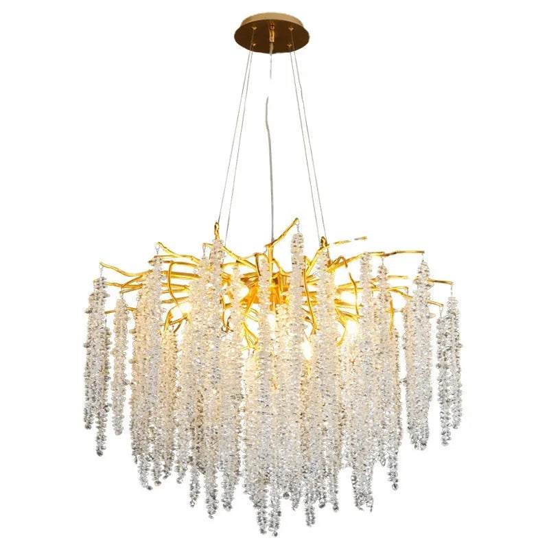 Aluminium alloy crystal chandelier with LED lights in multiple round and long style sizes.