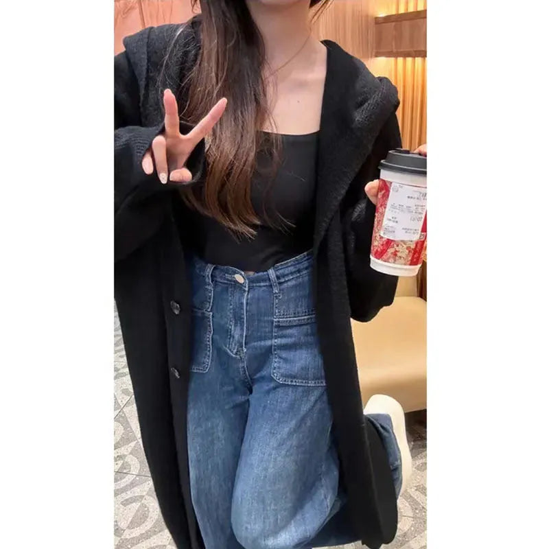 Long grey hooded knitted cardigan for women in casual Korean style