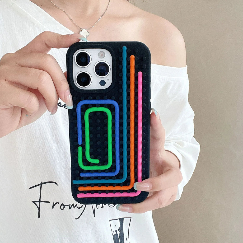 Silicone phone case with colour stripes and lanyard for iPhone 13 to 16 Pro Max in black light pink light purple white light blue light green