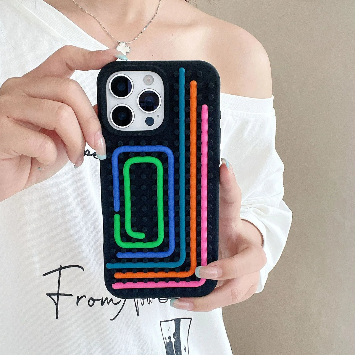 Silicone phone case with colour stripes and lanyard for iPhone 13 to 16 Pro Max in black light pink light purple white light blue light green