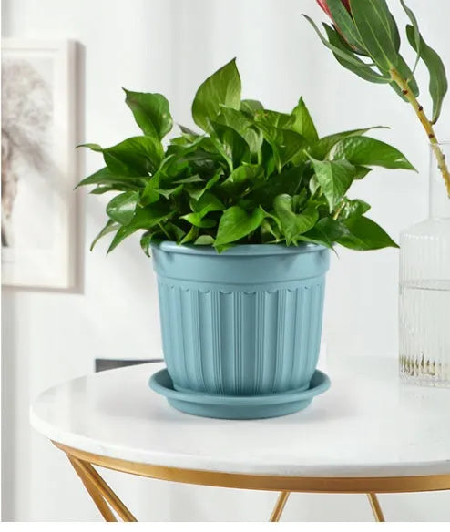 Thick resin European Roman pot with blue basin tray for home garden displaying flowers