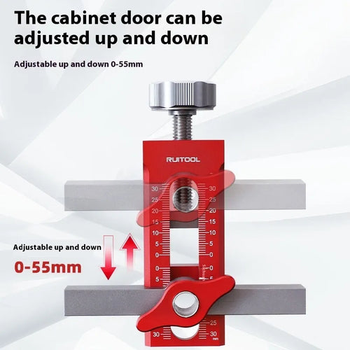 Aluminium alloy cabinet door installation aid tool for woodworking with 10mm drill bit.